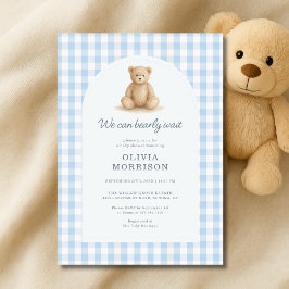 Convites Blue Gingham We Can Bearly Wait Baby Shower