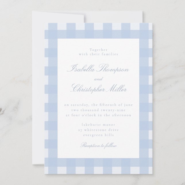 Convites Blue Gingham Wedding Invitation (Frente)