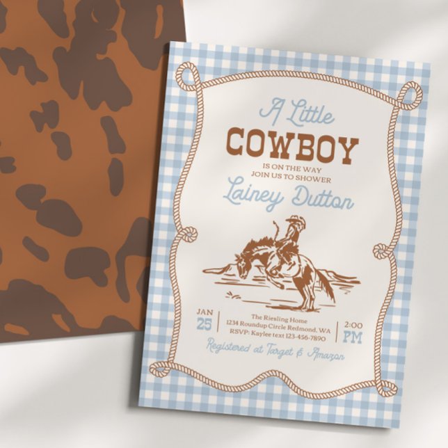 Convites Blue Gingham Western Baby Shower Invitation (Criador carregado)