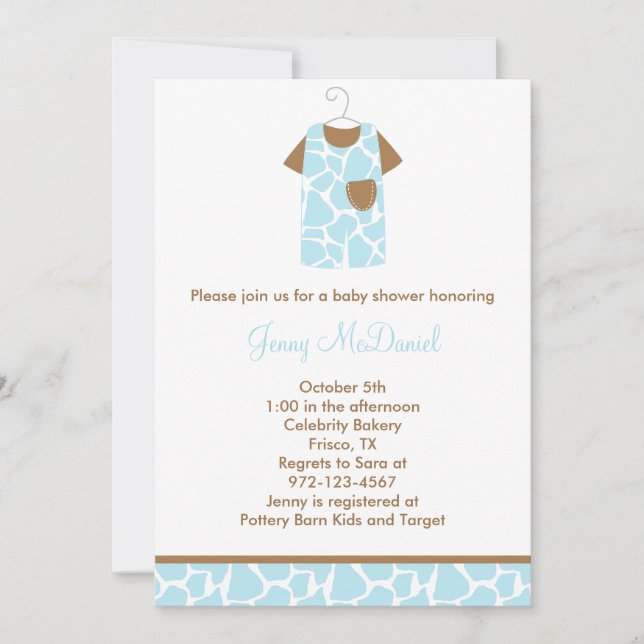 Convites Blue Giraffe Impressão Baby Shower Invants (Frente)