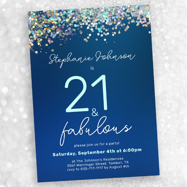 Convites Blue Glitter 21 e Fabuloso aniversário de 21 anos (Mock-up view)
