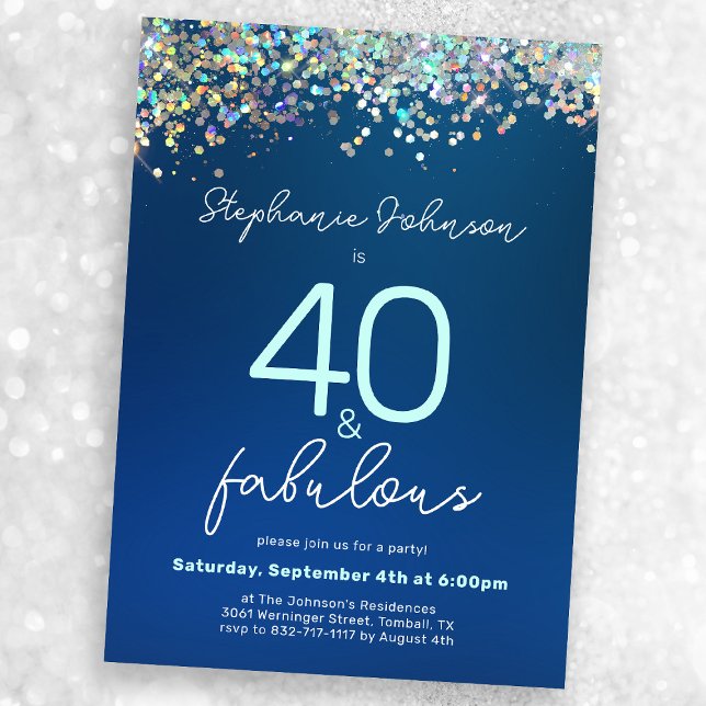 Convites Blue Glitter 40 e Fabuloso aniversário de 40 anos (Mock-up view)