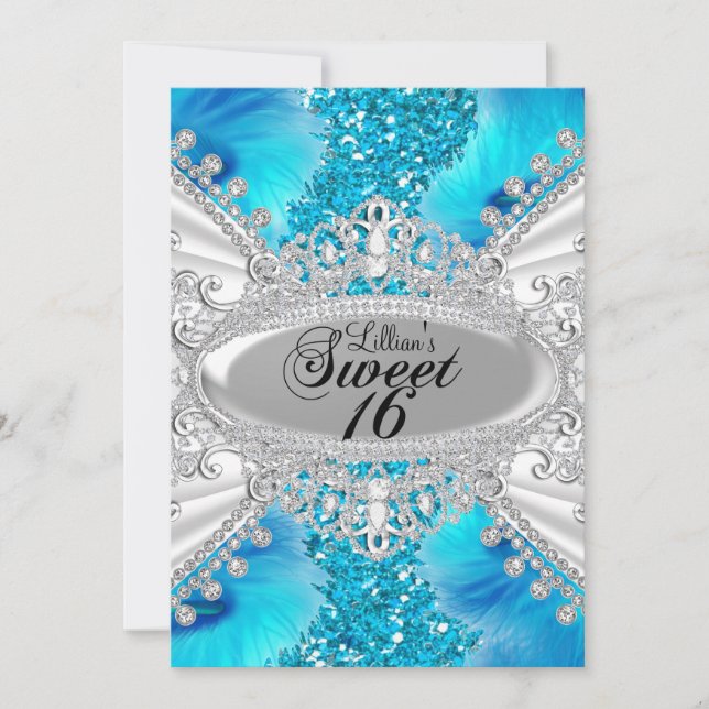 Convites Blue Glitter & Feather Sweet 16 Convide (Frente)
