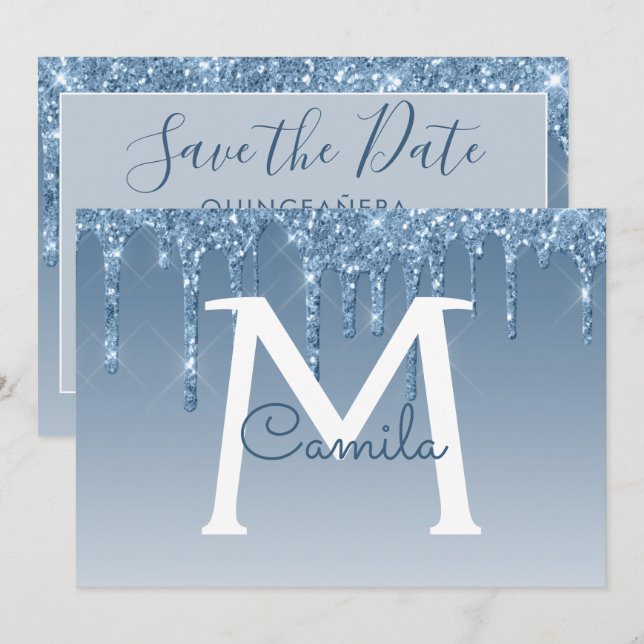Convites Blue Glitter Quinceanera Salve a Data (Frente/Verso)