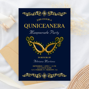 Convites Blue Gold 15º Aniversário Máscara Quinceanera