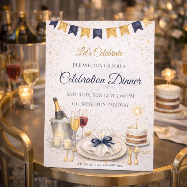 Convites Blue Gold Celebration Night Invitation (Blue and gold celebration dinner with champagne, cake, and refined evening table)
