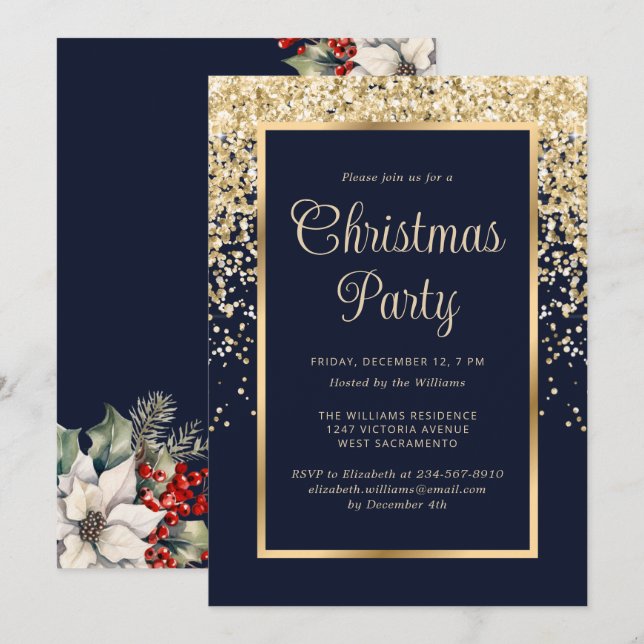 Convites Blue Gold Confetti Botanical Christmas Party (Frente/Verso)