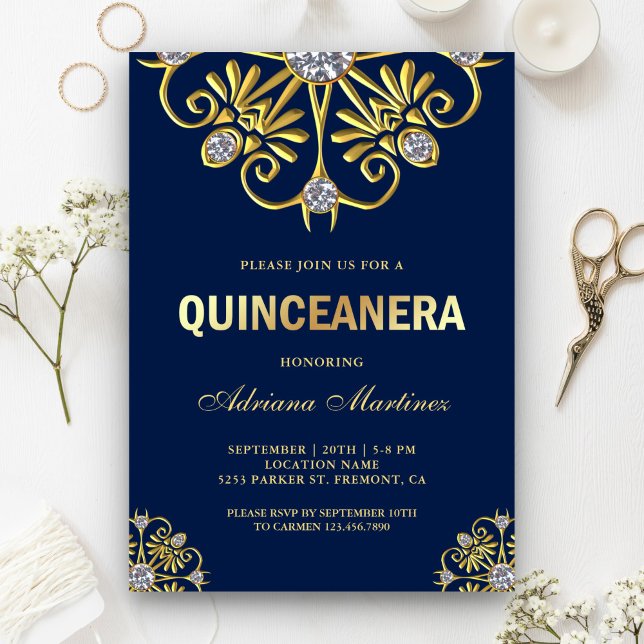 Convites Blue Gold Diamond Mandala Quinceanera (Criador carregado)