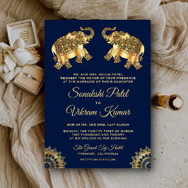Convites Blue Gold Elefantes Étnicos Casamento Indiano