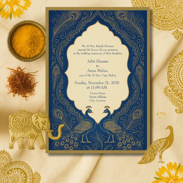 Convites blue gold Elegant Peacock Hindu Wedding (Criador carregado)