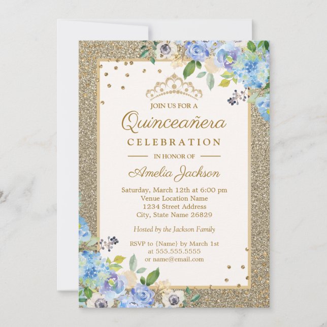 Convites Blue Gold floral Sparkle Quinze Anos (Frente)