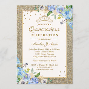Convites Blue Gold floral Sparkle Quinze Anos