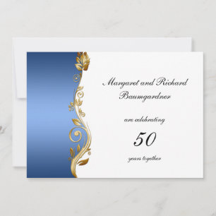 Convites Blue Gold Floral Swirls 50º Aniversário de Casamen