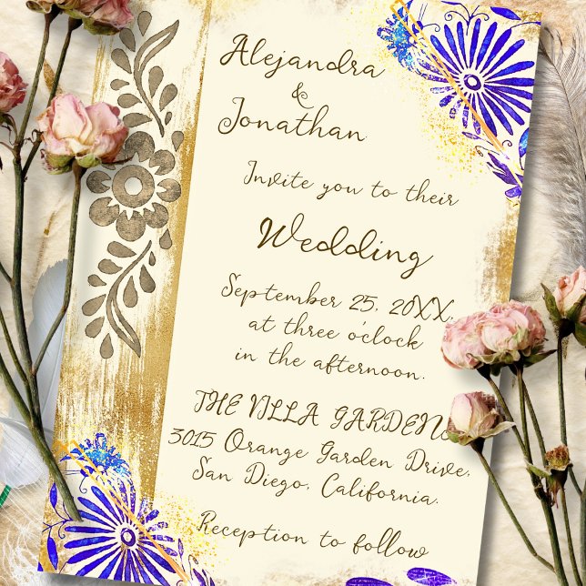 Convites Blue & Gold Mexican Otomi Baroque Elegant Wedding (A luminous Baroque design blending cobalt blooms and rustic textures for a timeless invitation.)