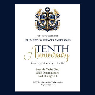 Convites Blue Gold Nautical Anchor 10th Wedding Anniversary