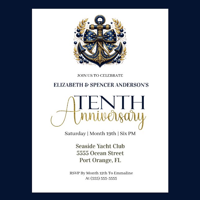 Convites Blue Gold Nautical Anchor 10th Wedding Anniversary (Navy blue and gold nautical anchor 10th wedding anniversary invitation with elegant coastal theme
)