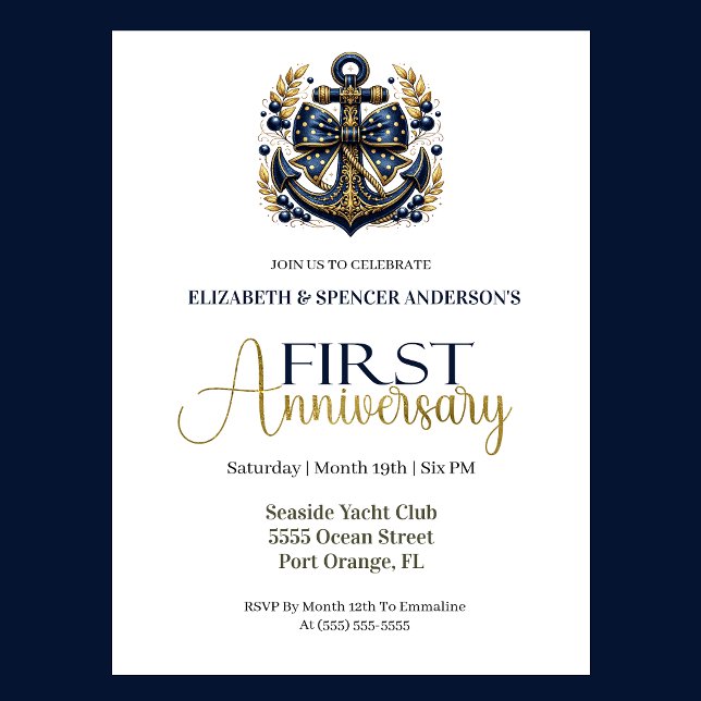 Convites Blue Gold Nautical Anchor 1st Wedding Anniversary (Navy blue and gold nautical anchor 1st wedding anniversary invitation with elegant coastal theme
)