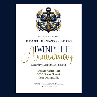 Convites Blue Gold Nautical Anchor 25th Wedding Anniversary