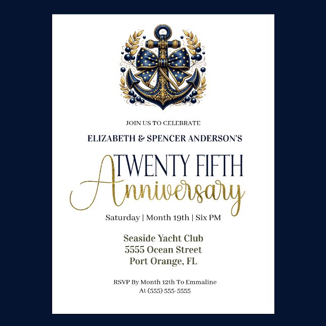 Convites Blue Gold Nautical Anchor 25th Wedding Anniversary (Navy blue and gold nautical anchor 25th wedding anniversary invitation with elegant coastal theme
)
