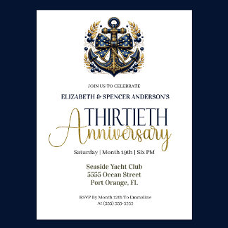 Convites Blue Gold Nautical Anchor 30th Wedding Anniversary