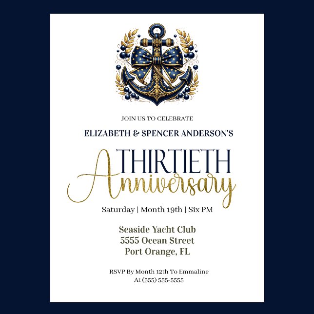 Convites Blue Gold Nautical Anchor 30th Wedding Anniversary (Navy blue and gold nautical anchor 30th wedding anniversary invitation with elegant coastal theme
)