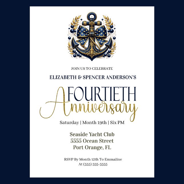 Convites Blue Gold Nautical Anchor 40th Wedding Anniversary (Navy and gold nautical anchor 40th wedding invitation for girl seaside yacht club theme)