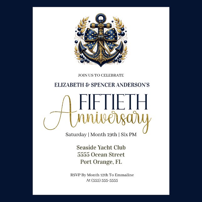 Convites Blue Gold Nautical Anchor 50th Wedding Anniversary (Navy and gold nautical anchor 50th wedding invitation for girl seaside yacht club theme)