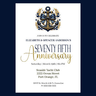 Convites Blue Gold Nautical Anchor 75th Wedding Anniversary