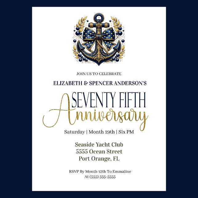 Convites Blue Gold Nautical Anchor 75th Wedding Anniversary (Navy and gold nautical anchor 75th wedding invitation for girl seaside yacht club theme
)