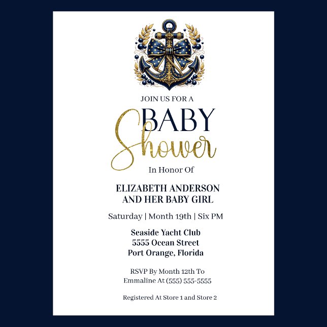 Convites Blue Gold Nautical Anchor Boy Baby Shower (Navy and gold nautical anchor baby shower invitation for girl seaside yacht club theme
)