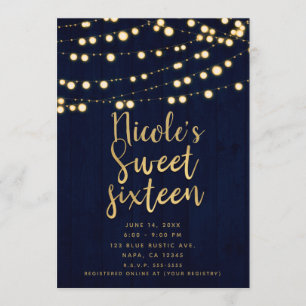 Convites Blue Gold Rustic Madeira & Luzes Sweet 16