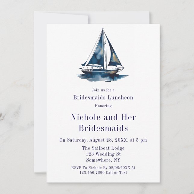 Convites Blue & Gold Sailboat Nautical Bridesmaids Luncheon (Frente)