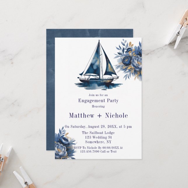 Convites Blue & Gold Sailboat Nautical Engagement Party (Frente/Verso In Situ)