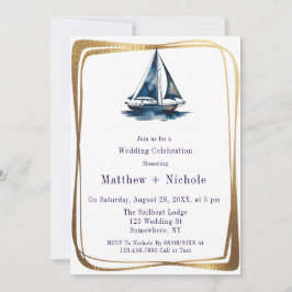 Convites Blue & Gold Sailboat Nautical Wedding Celebration