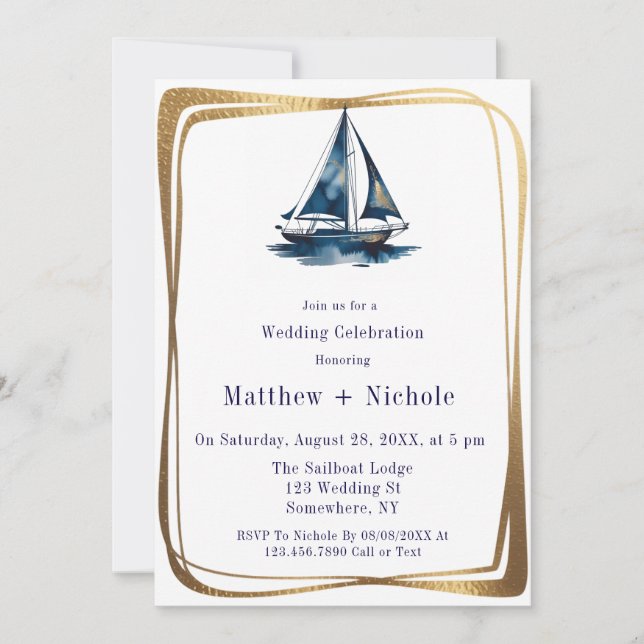 Convites Blue & Gold Sailboat Nautical Wedding Celebration  (Frente)