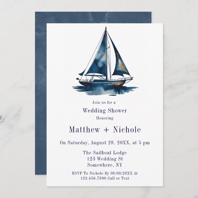 Convites Blue & Gold Sailboat Nautical Wedding Shower (Frente/Verso)