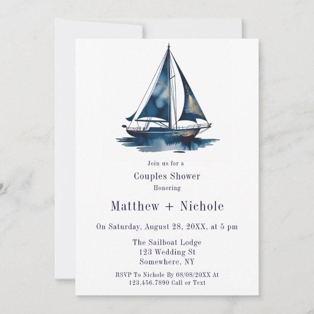 Convites Blue & Gold Sailboat Nautical Wedding Shower (Frente)