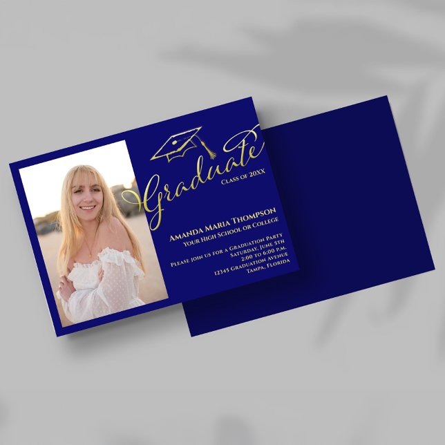 Convites Blue Gold Script Photo Graduation Party Invite (Navy blue and gold script graduation photo invitation with cap illustration and elegant typography.)