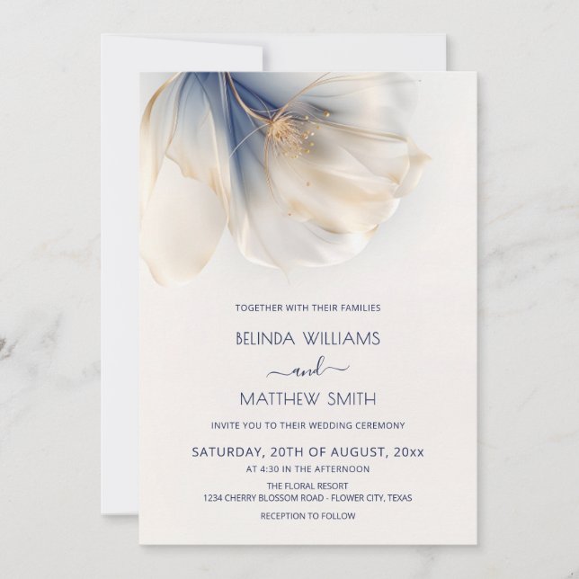 Convites Blue Gold Smoky Watercolor Flower Wedding (Frente)
