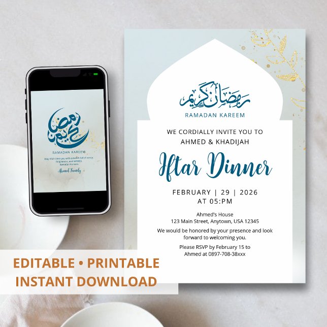 Convites Blue Gold Sparkle Iftar Dinner Invitation (Criador carregado)
