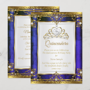 Convites Blue Gold White Pearl Princesa Quinceanera