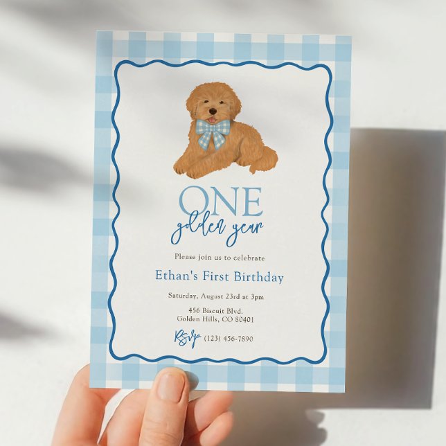 Convites Blue Goldendoodle Dog Golden Year First Birthday (Criador carregado)