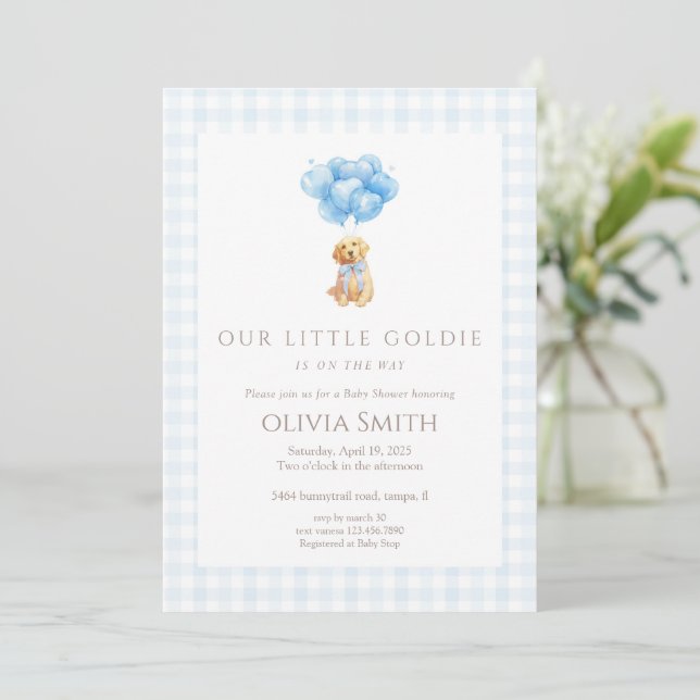Convites Blue Goldendoodle Puppy Baby Shower (Em pé/Frente)
