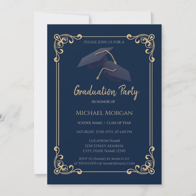 Convites Blue Grad Cap Frame Navy Blue Graduation (Frente)