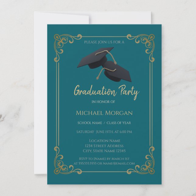 Convites Blue Grad Cap Frame Teal Graduation (Frente)