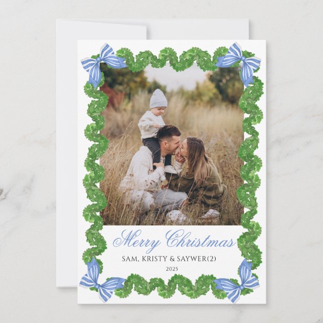 Convites Blue Grandmillennial Family Photo Christmas Card (Frente)