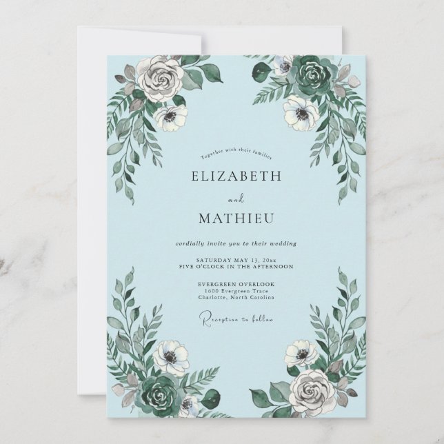 Convites Blue Gray Floral Romance Wedding (Frente)