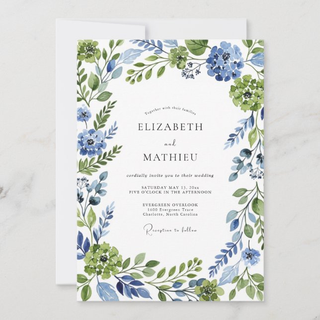 Convites Blue Green Botanical Whimsical Wedding (Frente)