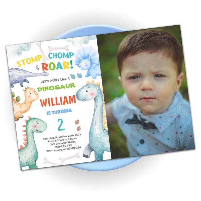 Convites Blue Green Dinossaur Birthday Invances w foto (Blue Green Dinosaur Birthday Invitations w photo)