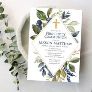 Convites Blue green foliage boy primeiro comunhão sagrado